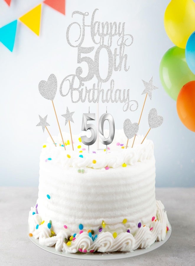 Lecferrarc 50th Birthday Cake Decorations, 50th Birthday Candles Cake Numeral Candles and Glitter Happy 50th Birthday Cake Toppers Set for Birthday Party Supplies (Silver) - Image 4